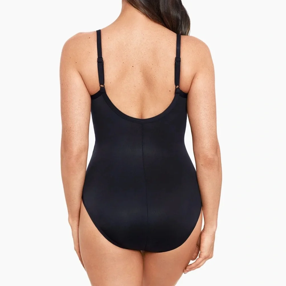Miraclesuit Belle One Piece Swimsuit $182 Size 16 Black Mesh Panels V Neck Twist